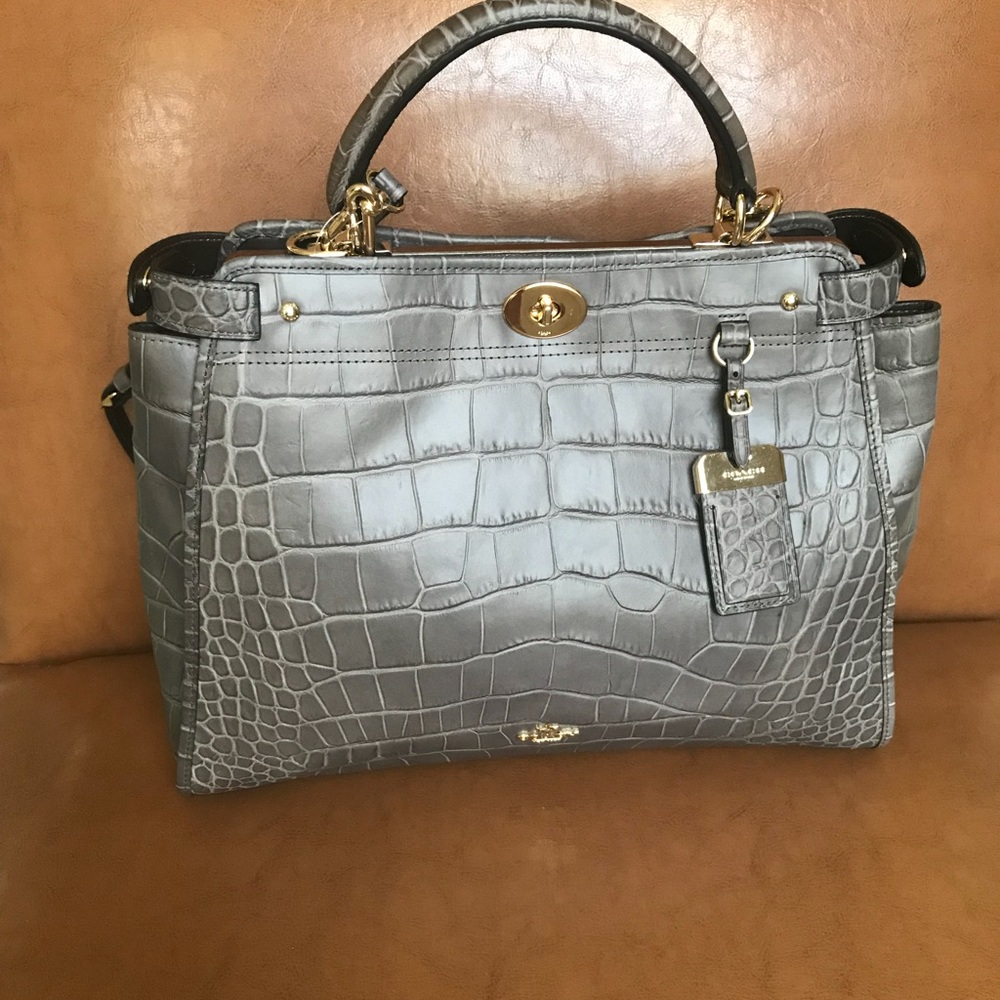 Coach Grey alligator embossed mink leather satchel